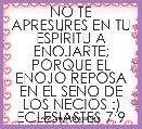 NO TE APRESURES EN TU ESPÃRITU A ENOJARTE; PORQUE EL ENOJO REPOSA EN EL SENO DE LOS NECIOS :)
ECLESIASTES 7:9