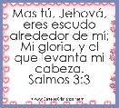 Mas tÃº, JehovÃ¡, eres escudo alrededor de mÃ­;
Mi gloria, y el que levanta mi cabeza.
Salmos 3:3