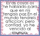 Estas cosas os he hablado para que en mi tengais paz.En el mundo tendreis afliccion; pero confiad, yo he vencido al mundo.
s.Juan