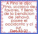A Pino le dijo: Pino, saciado de favores, Y lleno de la bendicion de JehovÃ¡, posee el occidente y el sur.
Det 33:23