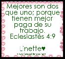 Mejores son dos que uno; porque tienen mejor paga de su trabajo.
EclesiastÃ©s 4:9

Linette♥