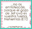 ...no os entristezcÃ¡is, 
porque el gozo de JehovÃ¡ es vuestra fuerza.
NehemÃ­as 8:10
