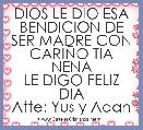 DIOS LE DIO ESA
BENDICION DE
SER MADRE CON
CARIÃO TIA NENA
LE DIGO FELIZ DIA
Atte: Yus y Adan