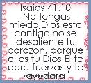 Isaias 41.10
 No tengas miedo,Dios esta contigo,no se desaliente tu corazon, porque el es tu Dios.El te dara fuerzas y te ayudara