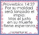 Proverbios 14:32 
Por su maldad 
serÃ¡ lanzado el impÃ­o;
Mas el justo
 en su muerte
 tiene esperanza.

