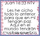 Juan 16:33 NTV

Les he dicho todo lo anterior para que en mÃ­ tengan paz. AquÃ­ en el mundo tendrÃ¡n muchas pruebas y 